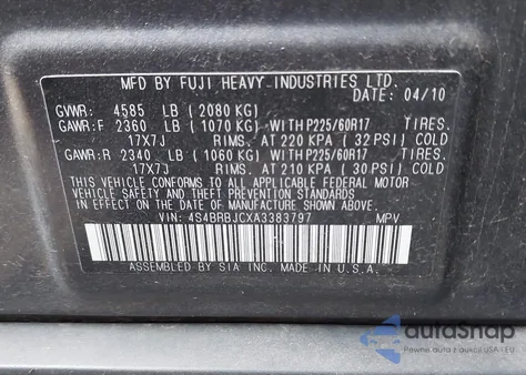 2010 Subaru Outback 2.5I Limited z USA, uszkodzony, nr VIN 4S4BRBJCXA3383797